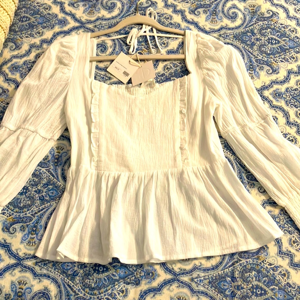 NWT P. Cill Feminine Prairie Old Money Linen Cropped Blouse Flowy White Medium